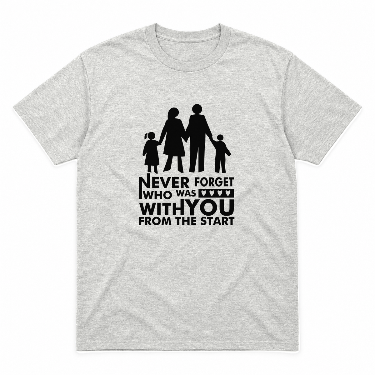 Never Forget Family graphic tee in ash with black print, front view