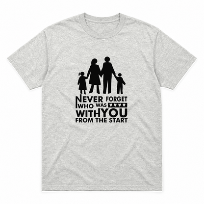 Never Forget Family graphic tee in ash with black print, front view