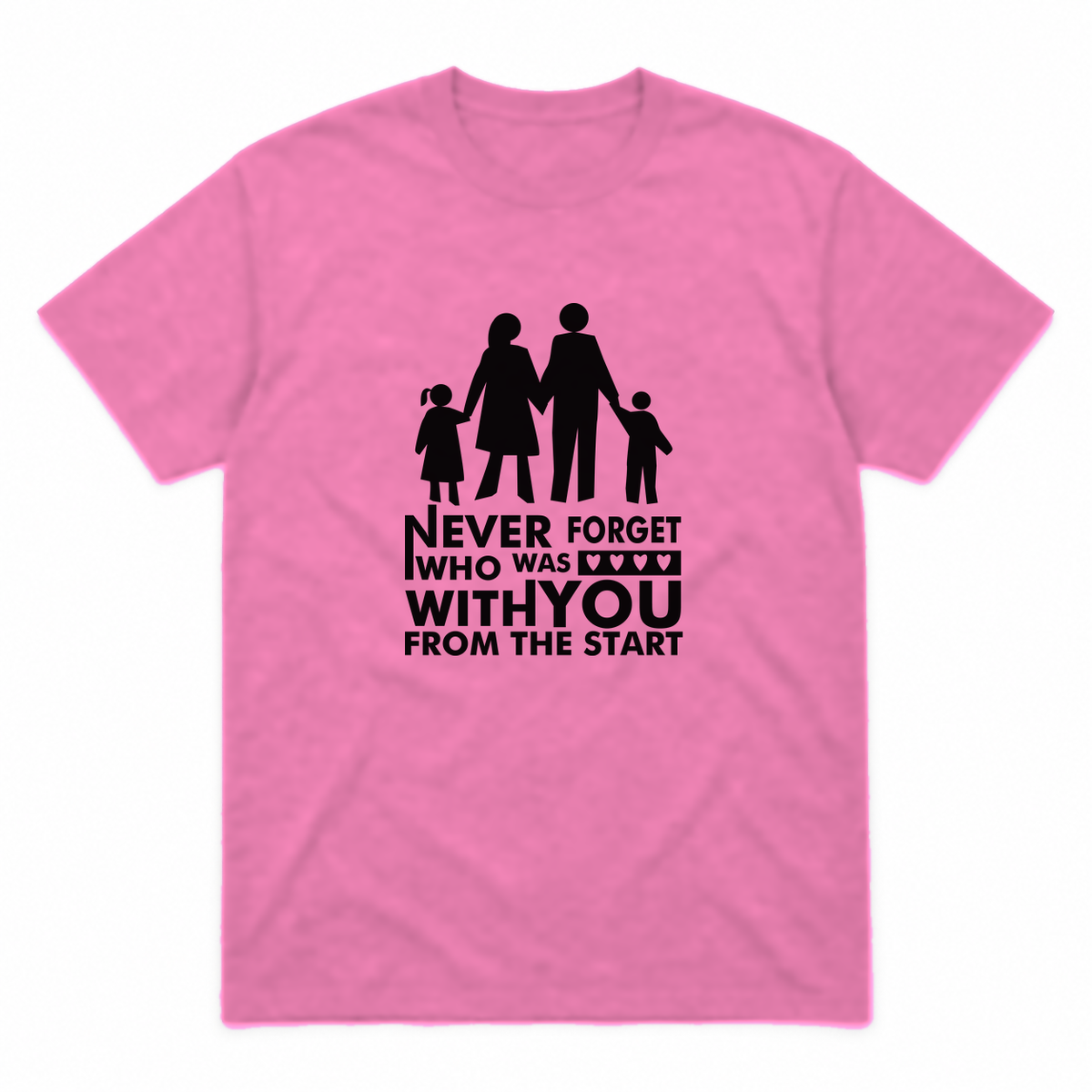 Never Forget Family graphic tee in azalea with black print, front view