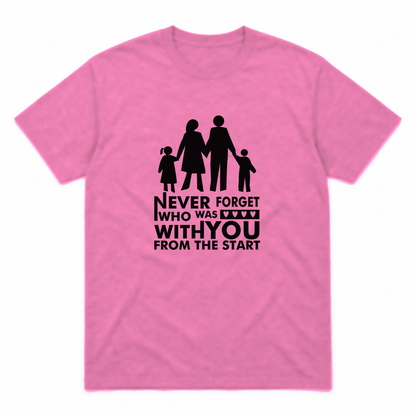 Never Forget Family graphic tee in azalea with black print, front view