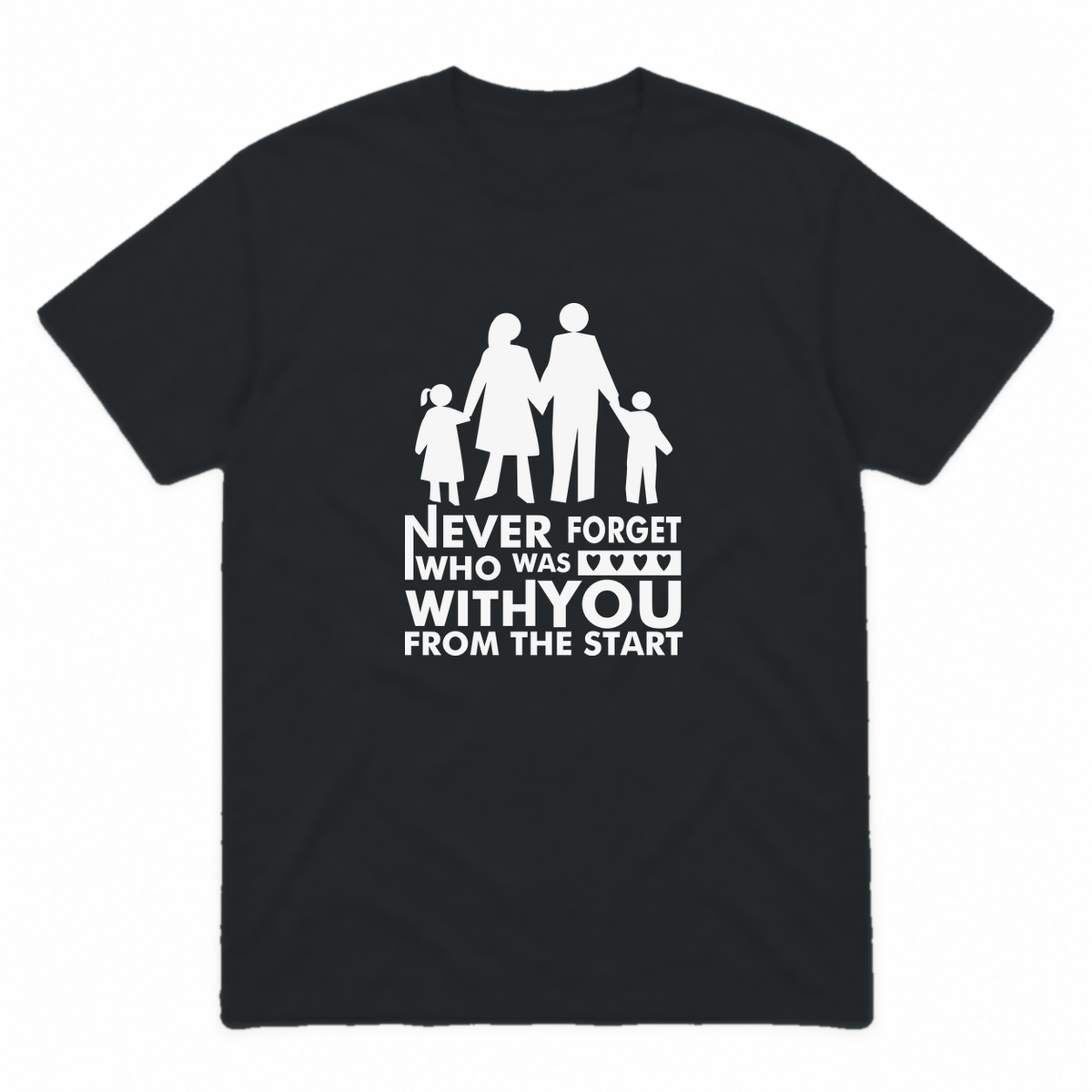 Never Forget Family graphic tee in black with white print, front view