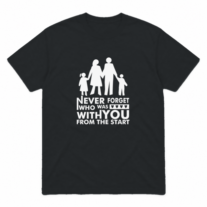 Never Forget Family graphic tee in black with white print, front view