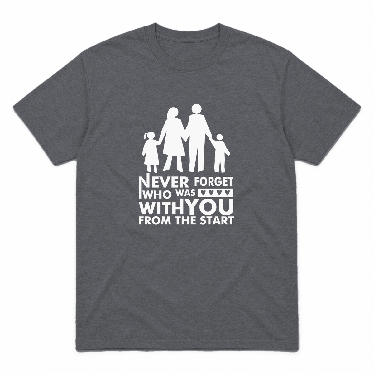 Never Forget Family graphic tee in charcoal with white print, front view