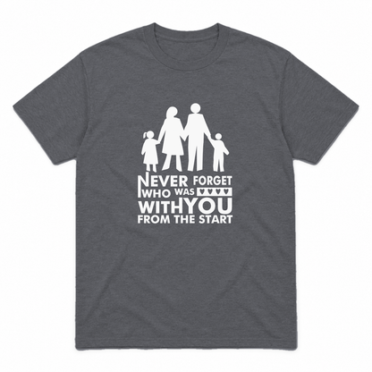 Never Forget Family graphic tee in charcoal with white print, front view