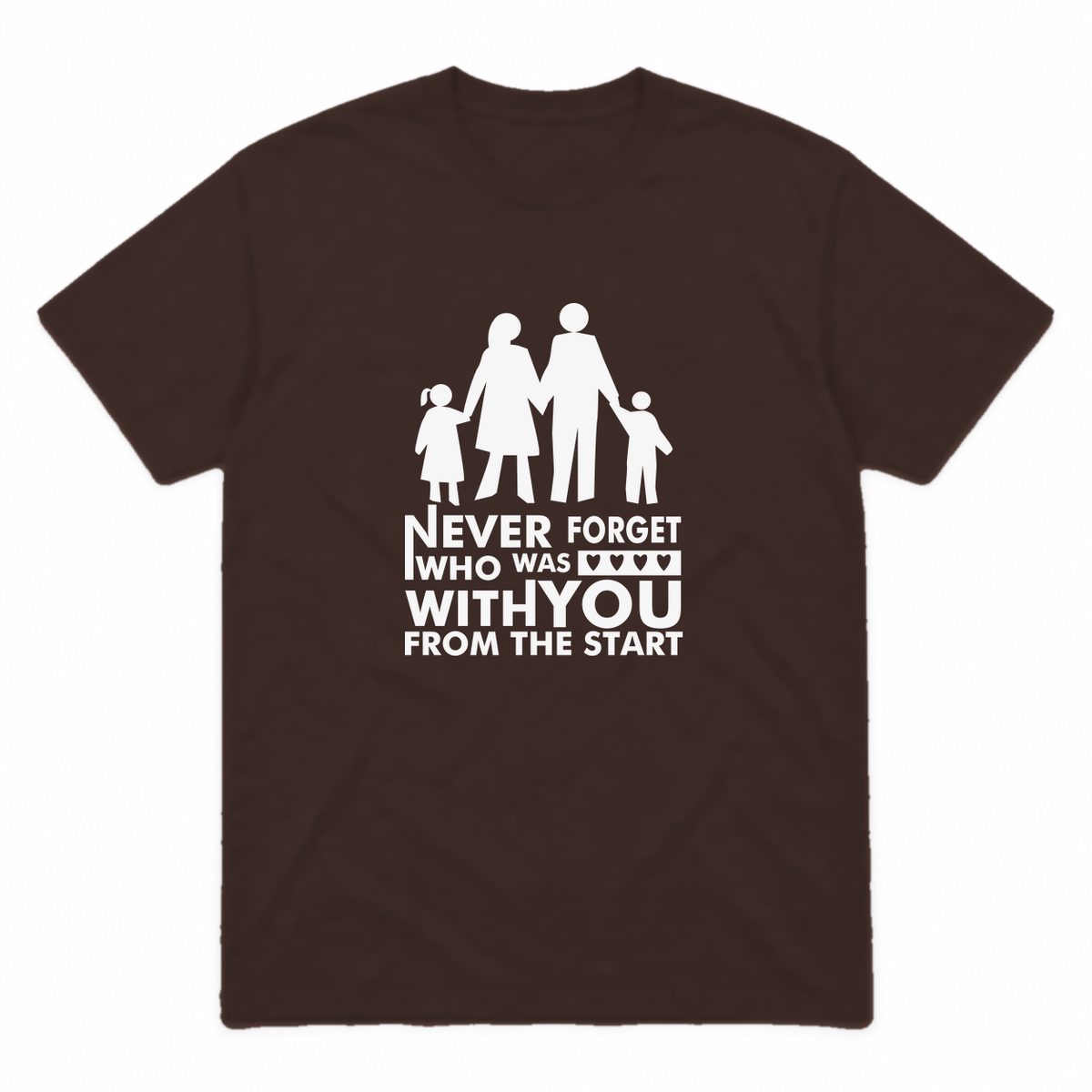 Never Forget Family graphic tee in dark chocolate with white print, front view