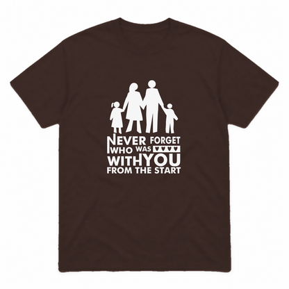 Never Forget Family graphic tee in dark chocolate with white print, front view