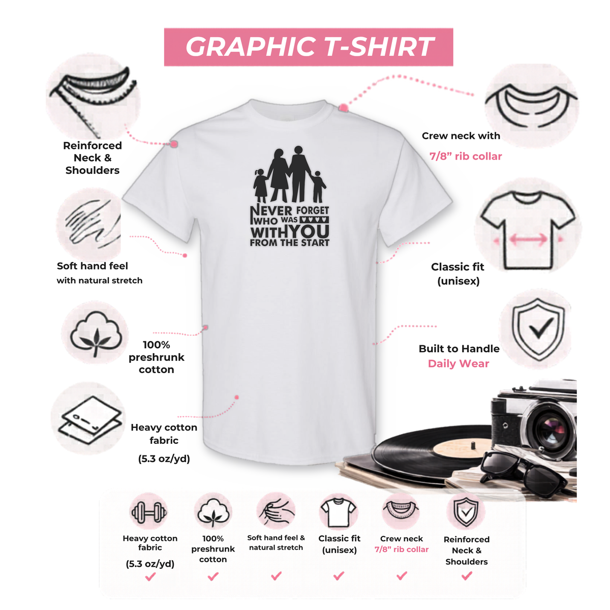 Gildan 5000 graphic tee features: reinforced neck, rib collar, classic unisex fit, heavy cotton