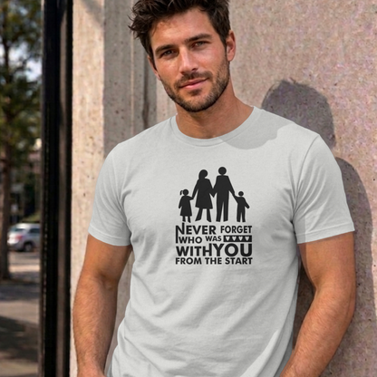 Man wearing the ash Never Forget Family graphic tee