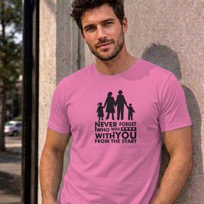 Man wearing the azalea Never Forget Family graphic tee