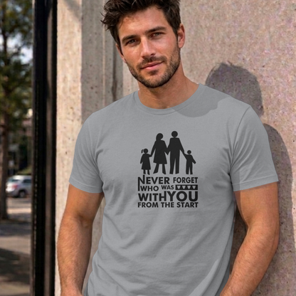 Man wearing the sport grey Never Forget Family graphic tee