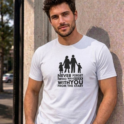Man wearing the white Never Forget Family graphic tee