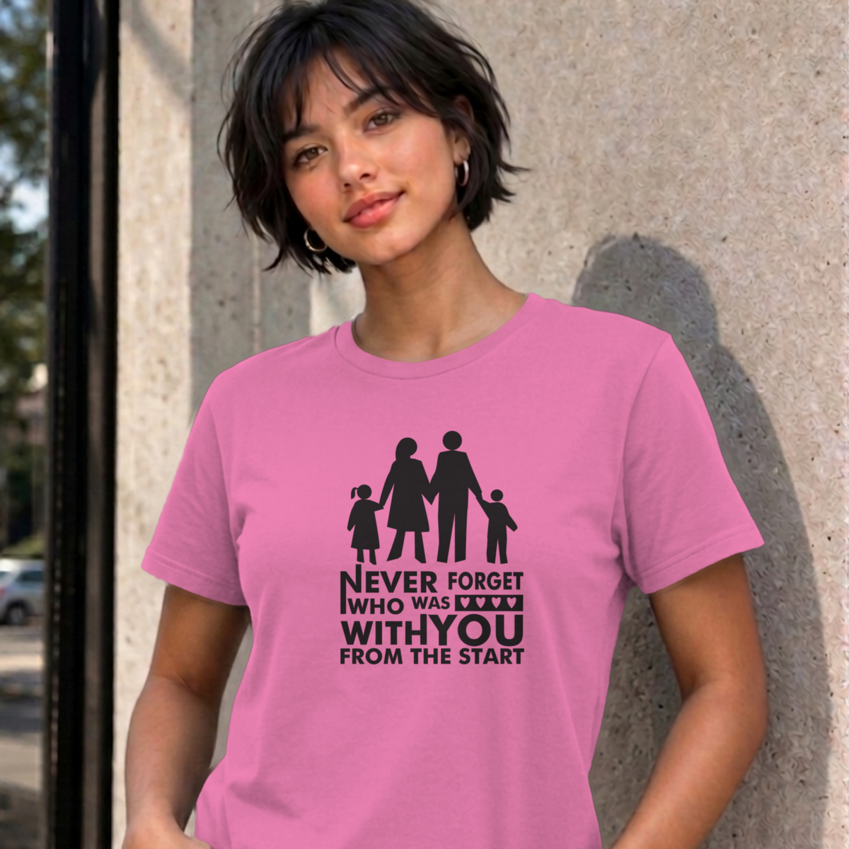 Woman wearing the azalea Never Forget Family graphic tee