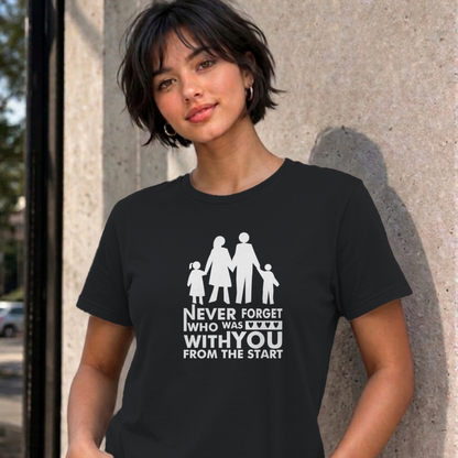 Woman wearing the black Never Forget Family graphic tee