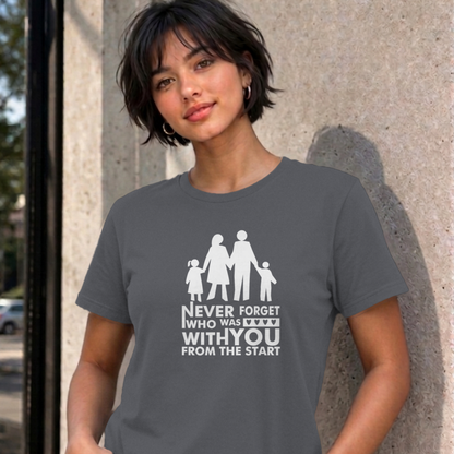 Woman wearing the charcoal Never Forget Family graphic tee