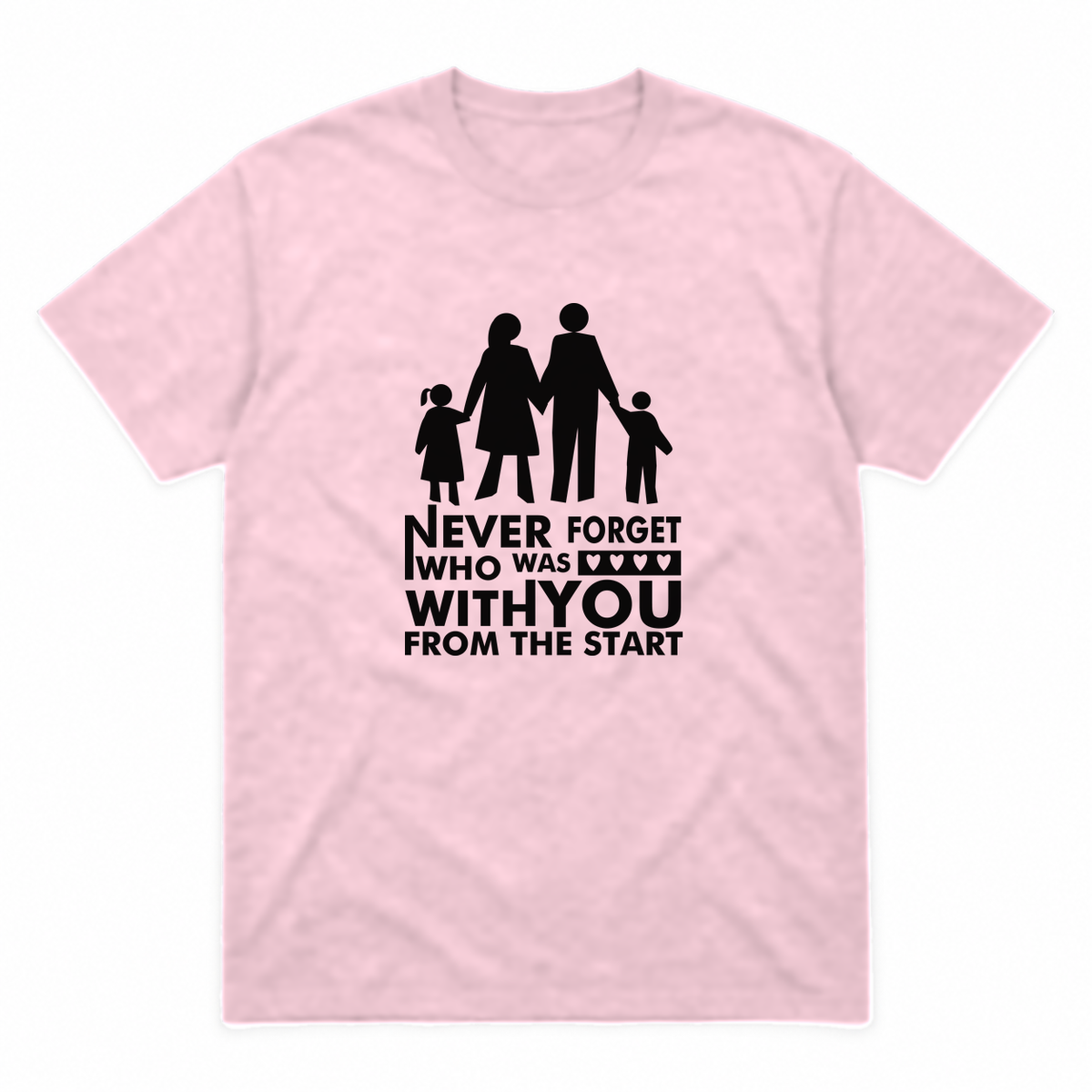 Never Forget Family graphic tee in light pink with black print, front view