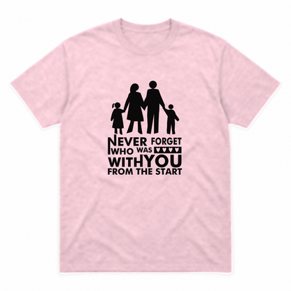Never Forget Family graphic tee in light pink with black print, front view