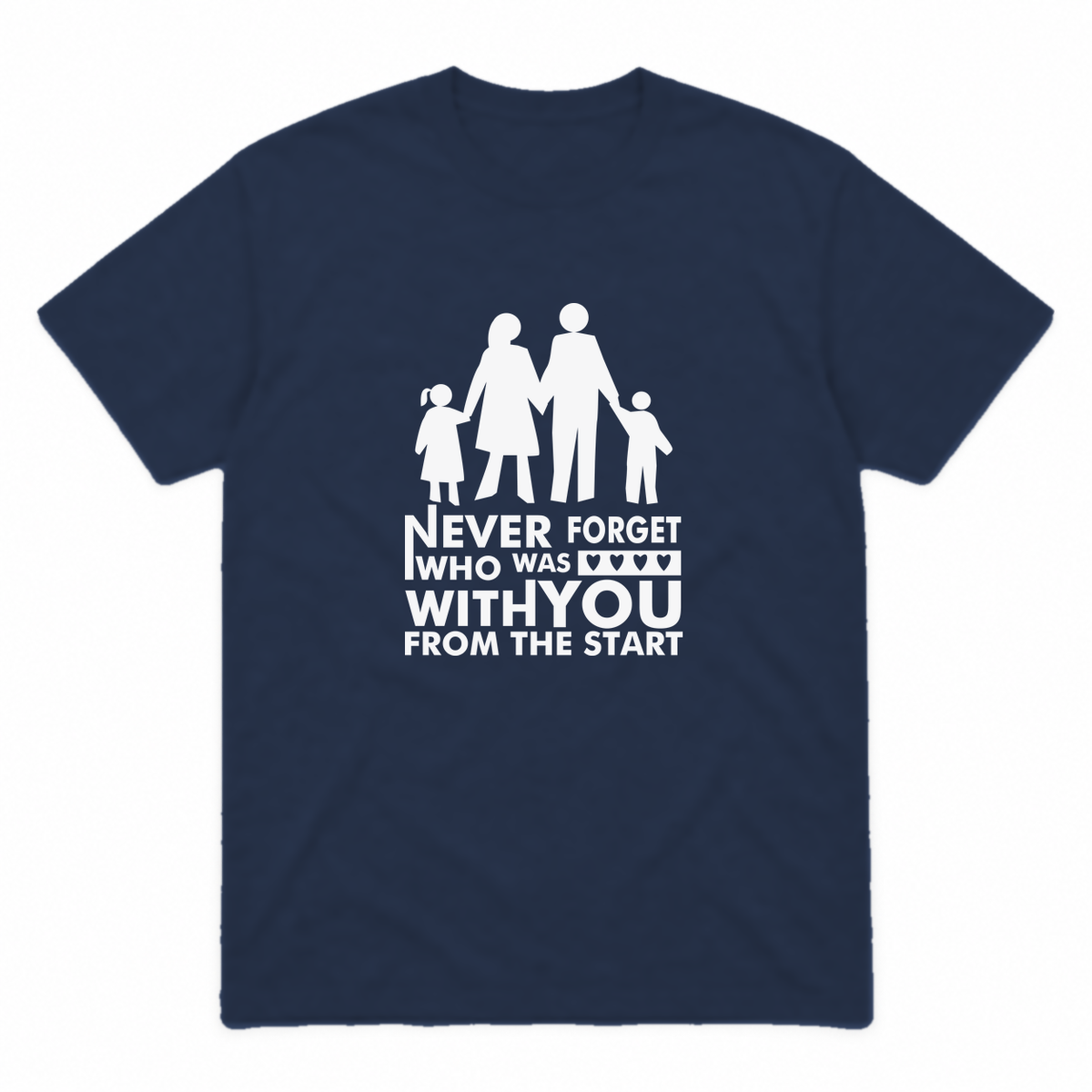 Never Forget Family graphic tee in navy with white print, front view