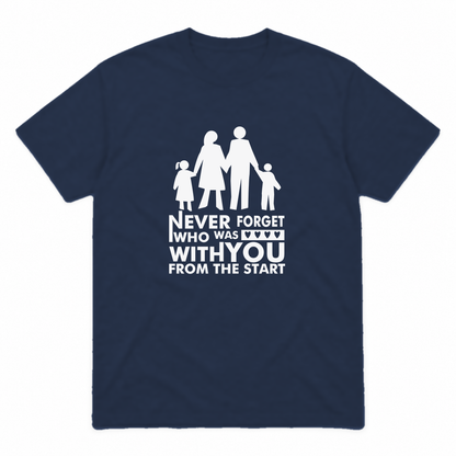 Never Forget Family graphic tee in navy with white print, front view