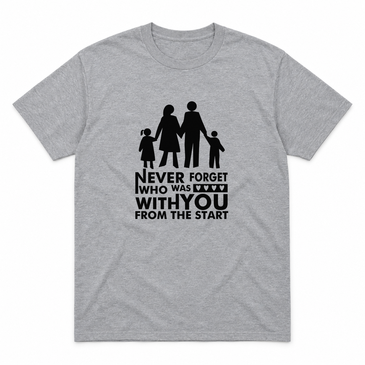 Never Forget Family graphic tee in sport grey with black print, front view