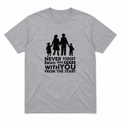 Never Forget Family graphic tee in sport grey with black print, front view