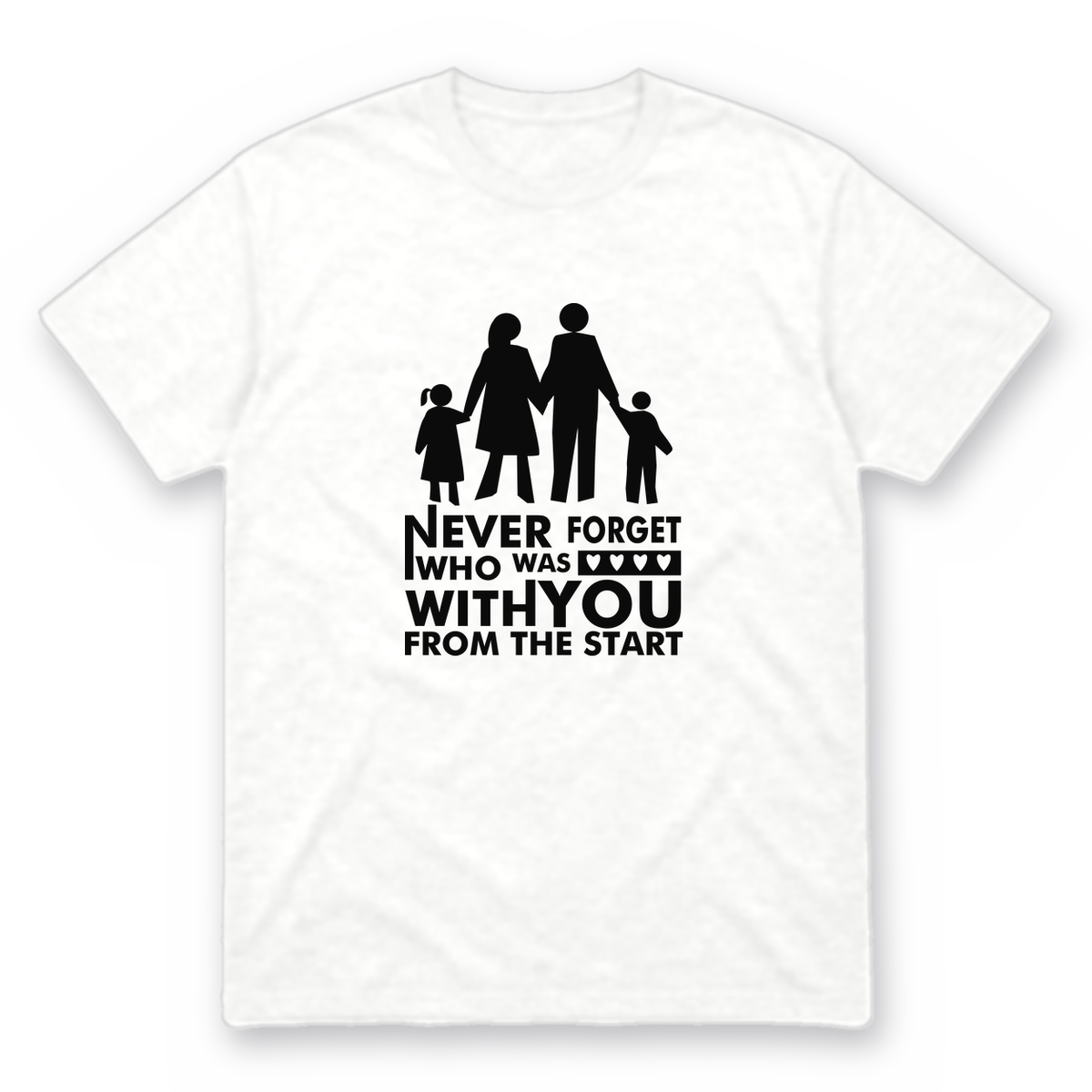 Never Forget Family graphic tee in white with black print, front view