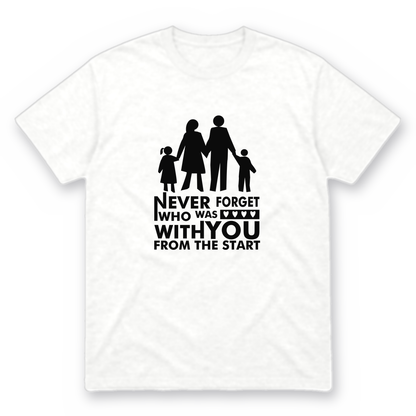 Never Forget Family graphic tee in white with black print, front view
