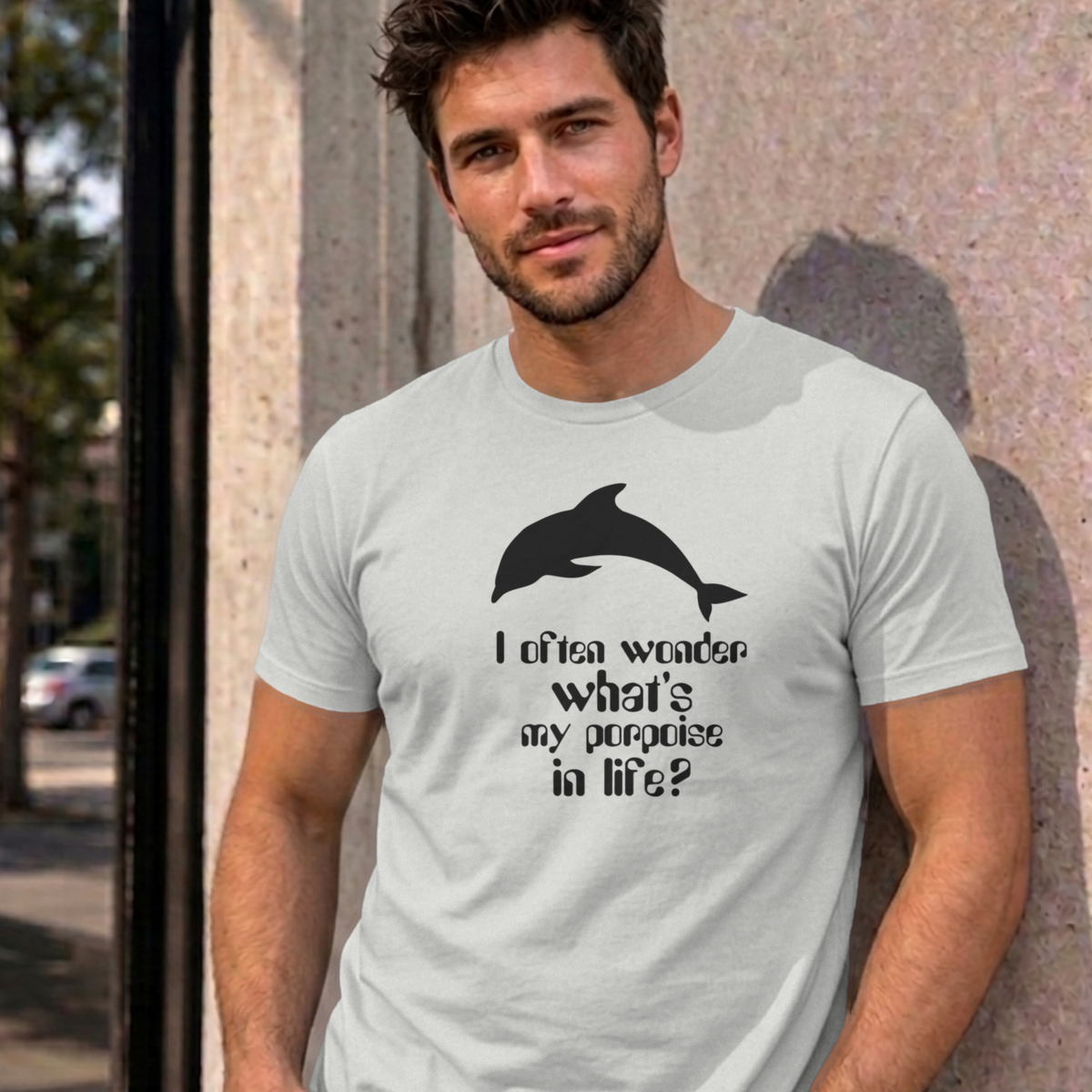 Man wearing the ash I Often Wonder graphic tee