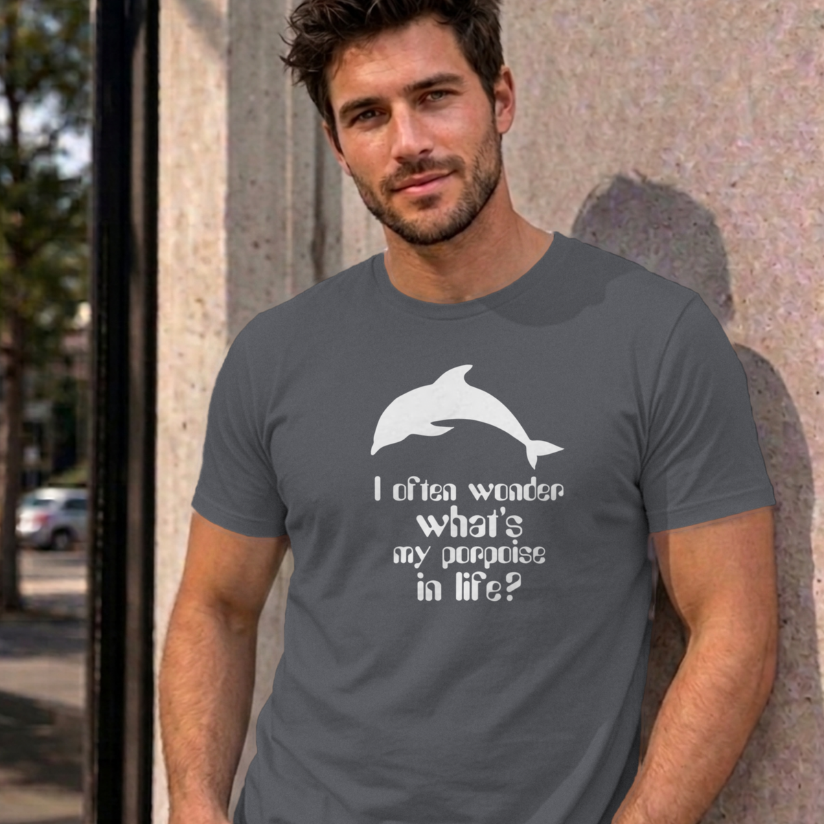 Man wearing the charcoal I Often Wonder graphic tee