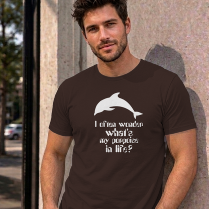 Man wearing the dark chocolate I Often Wonder graphic tee