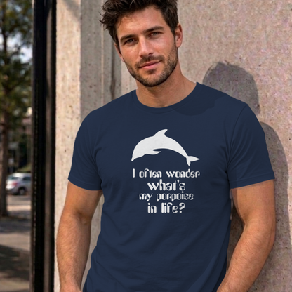 Man wearing the navy I Often Wonder graphic tee
