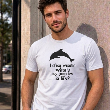 Man wearing the white I Often Wonder graphic tee