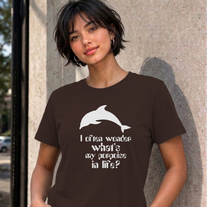 Woman wearing the dark chocolate I Often Wonder graphic tee