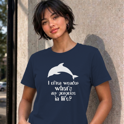 Woman wearing the navy I Often Wonder graphic tee