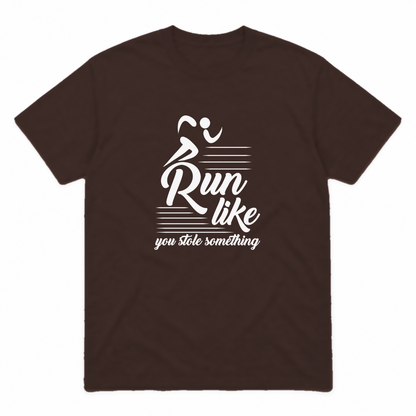 Run Like You Stole Something graphic tee in dark chocolate with white print, front view