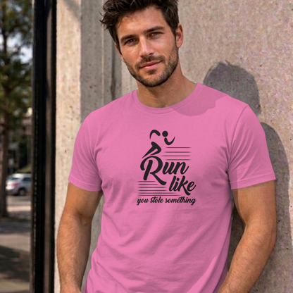Man wearing the azalea Run Like You Stole Something graphic tee