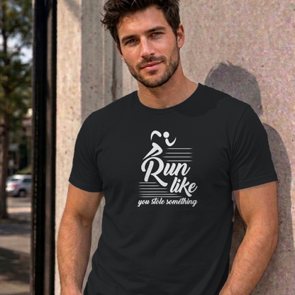 Man wearing the black Run Like You Stole Something graphic tee