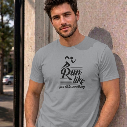 Man wearing the sport grey Run Like You Stole Something graphic tee