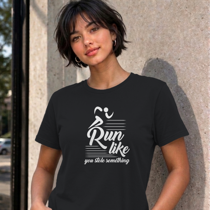 Woman wearing the black Run Like You Stole Something graphic tee