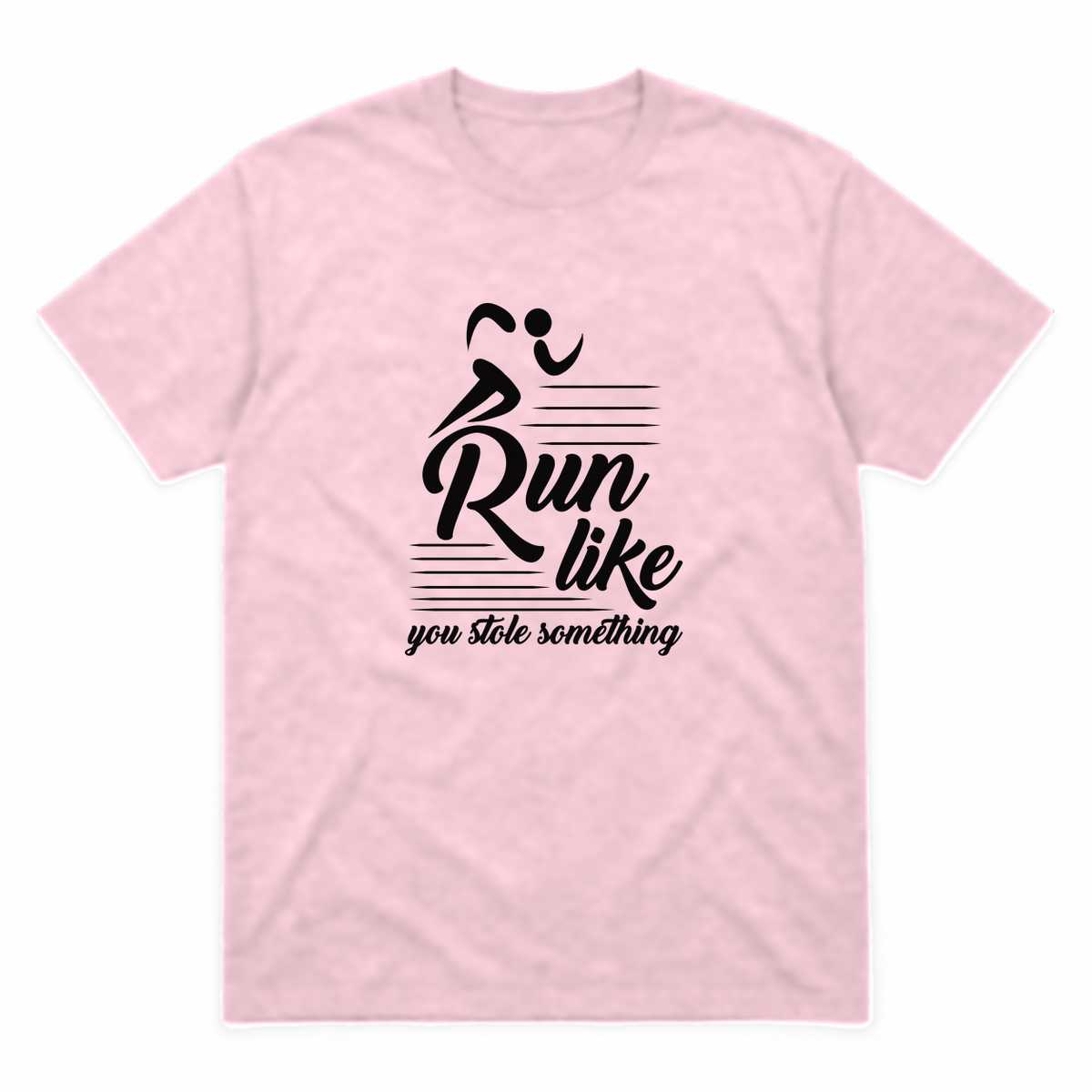 Run Like You Stole Something graphic tee in light pink with black print, front view