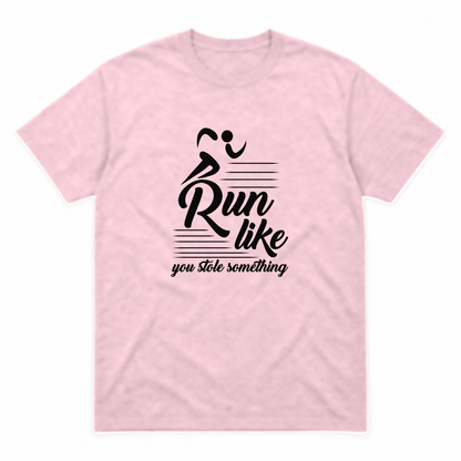 Run Like You Stole Something graphic tee in light pink with black print, front view