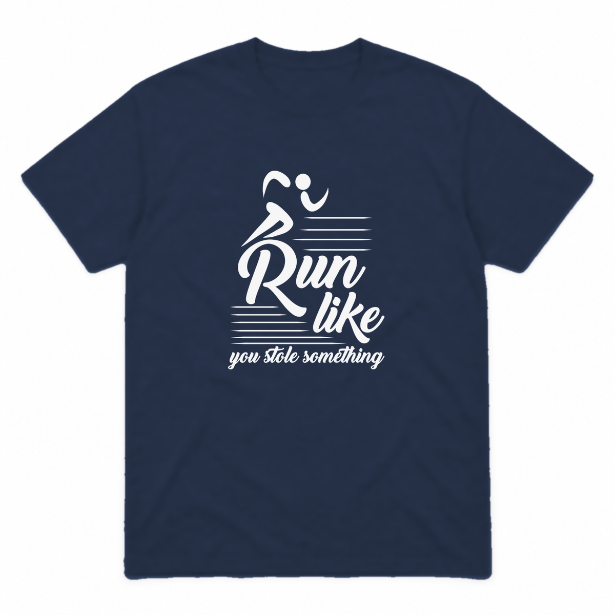 Run Like You Stole Something graphic tee in navy with white print, front view