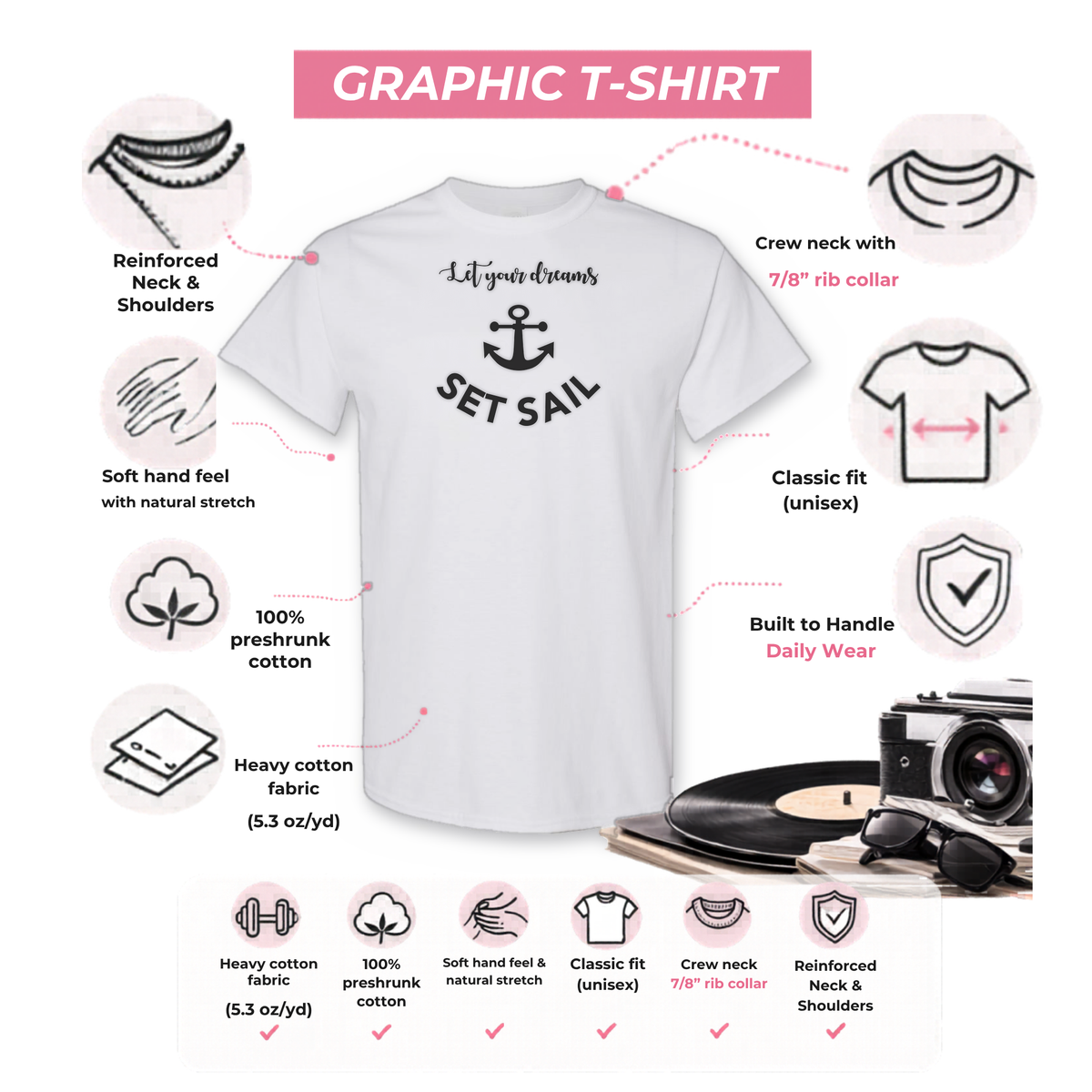 Gildan 5000 graphic tee features: reinforced neck, rib collar, classic unisex fit, heavy cotton