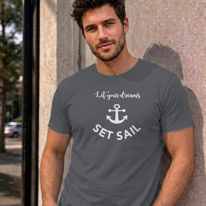 Man wearing the charcoal Let Your Dreams Set Sail graphic tee