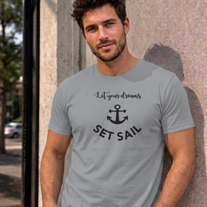 Man wearing the sport grey Let Your Dreams Set Sail graphic tee