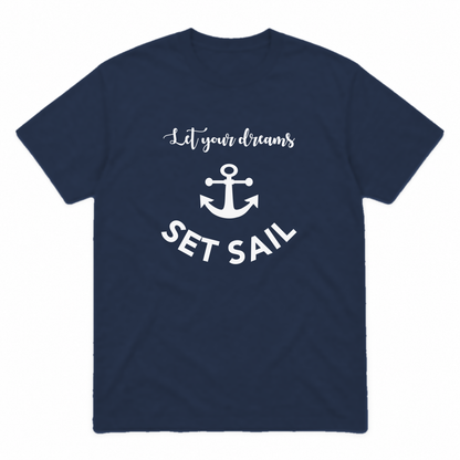Let Your Dreams Set Sail graphic tee in navy with white print, front view