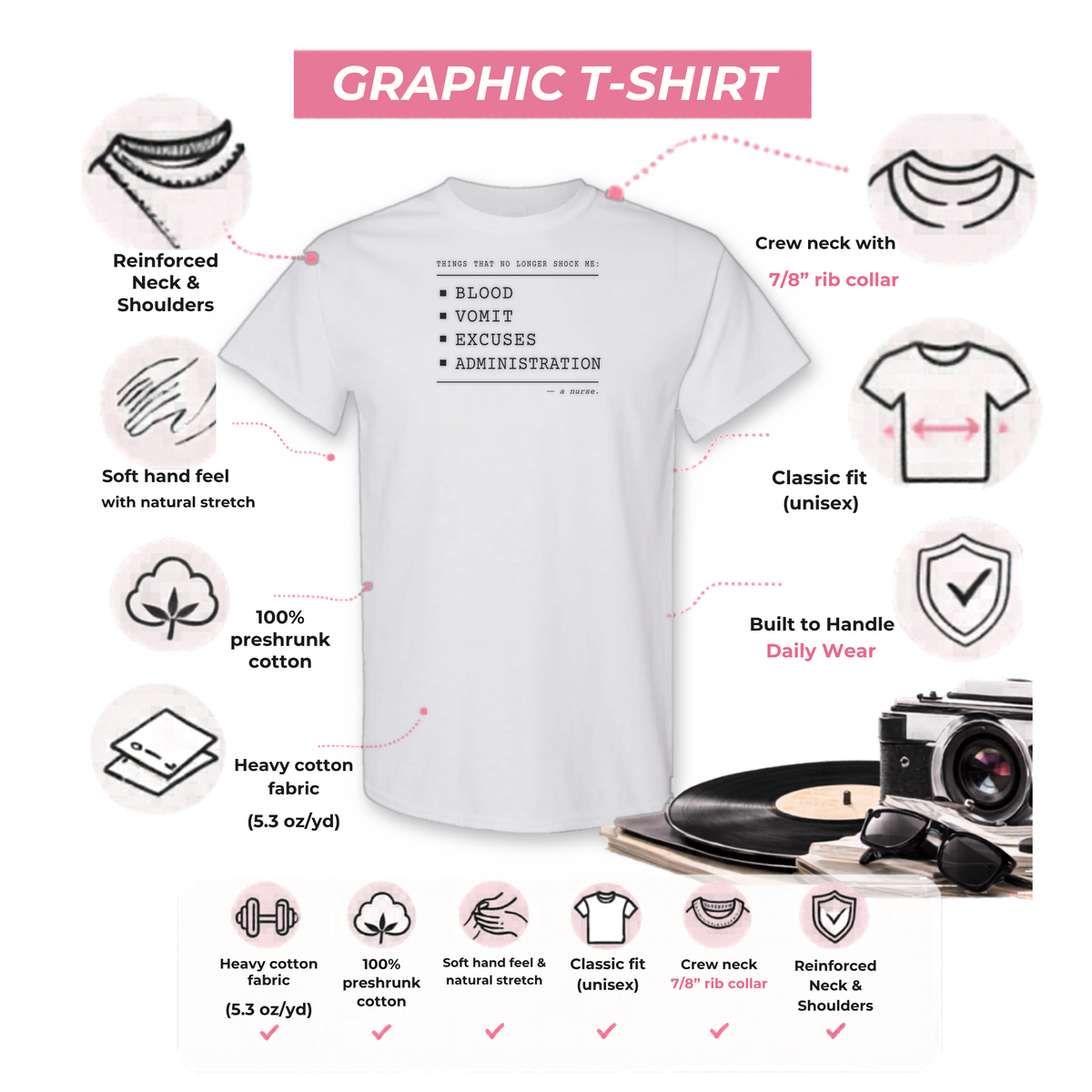Gildan 5000 graphic tee features: reinforced neck, rib collar, classic unisex fit, heavy cotton