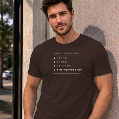 Man wearing the dark chocolate Nurse No Longer Shocked graphic tee