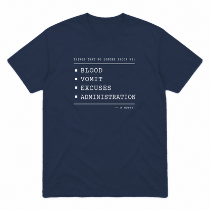 Nurse No Longer Shocked graphic tee in navy with white print, front view