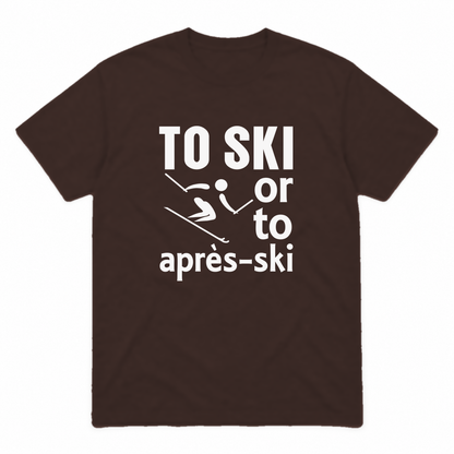 Ski graphic tee in dark chocolate with white print, front view
