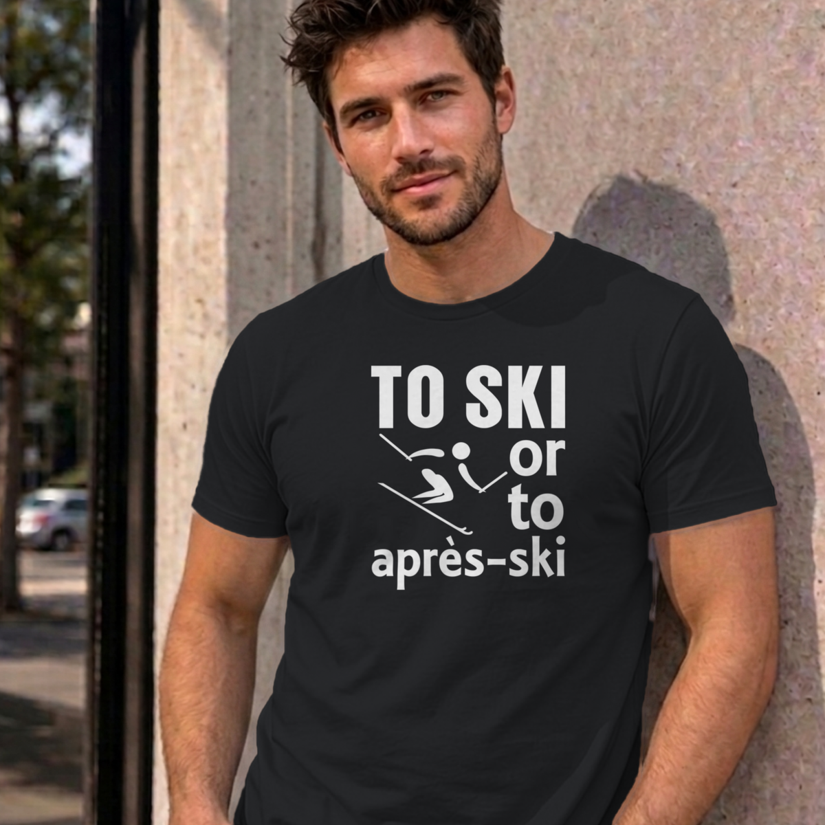 Man wearing the black Ski graphic tee